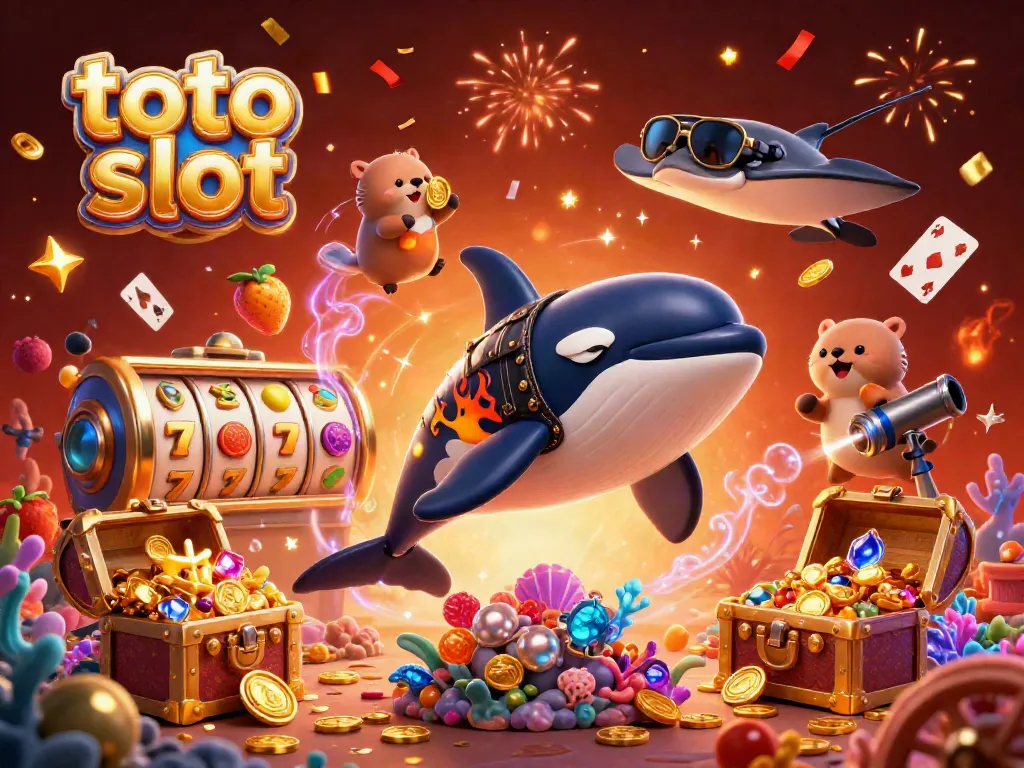 Menggoda para pemain dengan toto slot yang menarik, karakter laut ceria dengan koin emas dan elemen kasino.