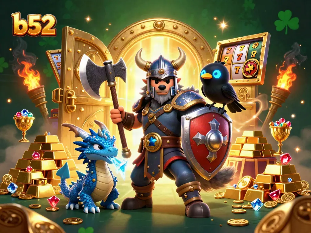 The b52 casino adventure features a Viking wolf warrior, ice-breathing dragon, and treasure, enhancing gaming excitement.