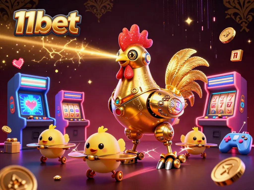 Experience thrilling gaming at 11bet with a golden rooster robot leading a vibrant casino adventure.