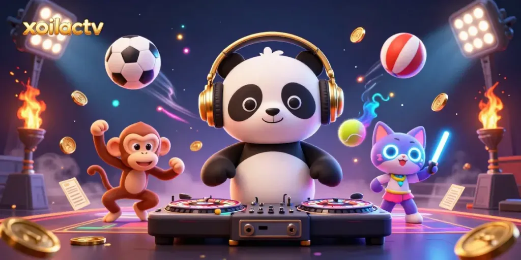 Experience sports excitement with xoilactv in a vibrant 3D scene featuring dynamic characters and gambling elements.