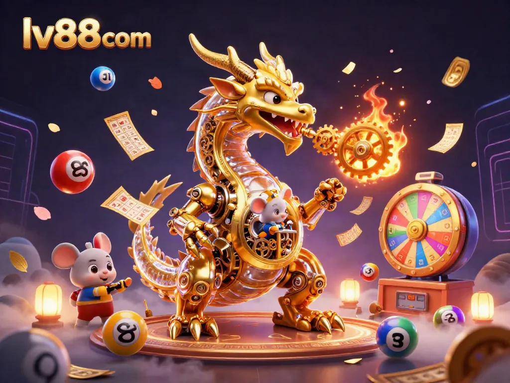 Engage with lv88 com's vibrant casino world, featuring a golden dragon amidst dynamic gaming elements.