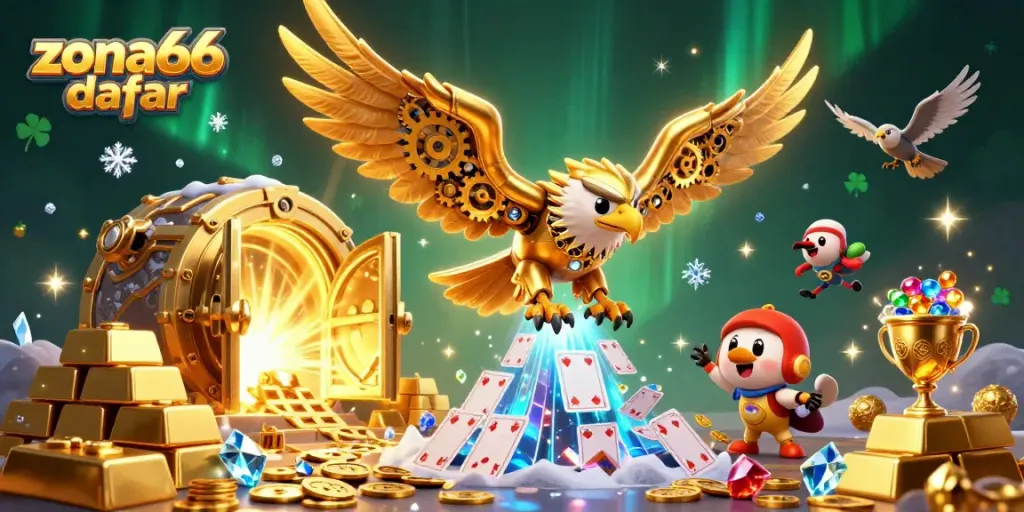 Experience exciting gaming action with zona66 daftar, featuring a soaring cybernetic eagle and treasure.