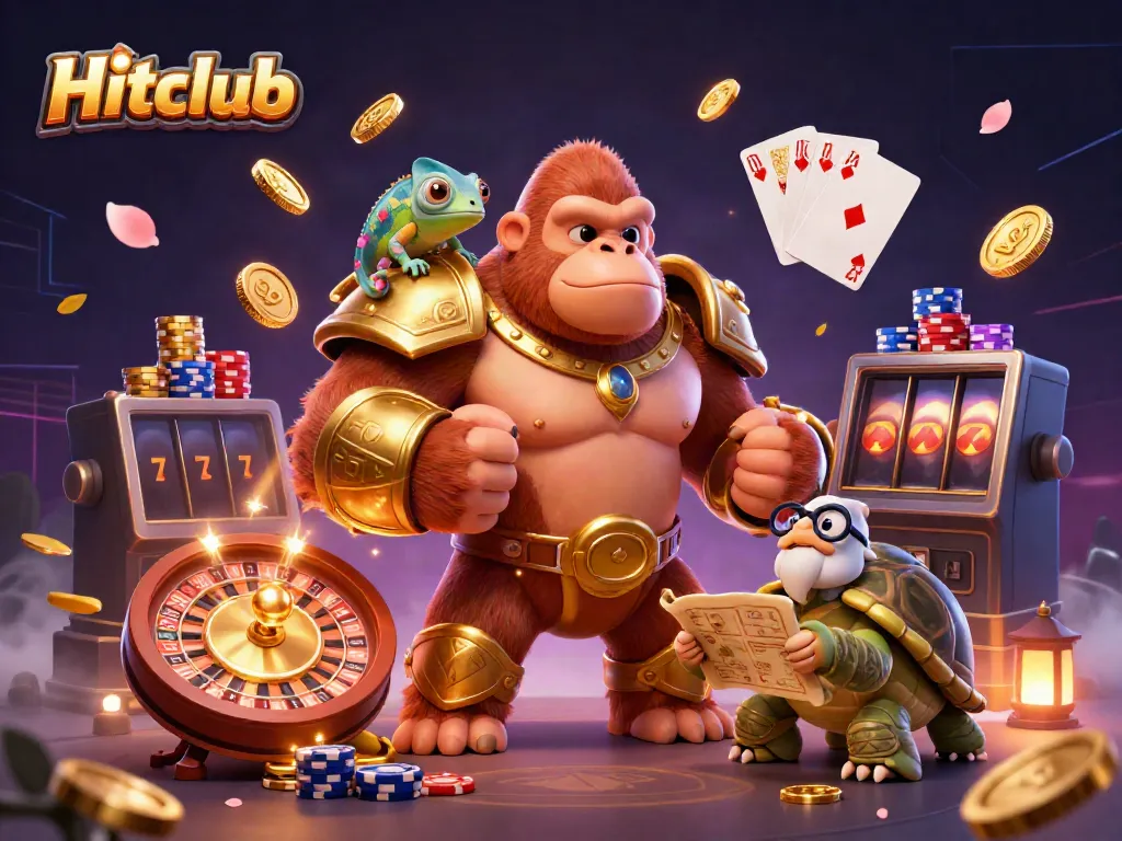 Experience the vibrant excitement of Hitclub with a gorilla king and a chameleon in a dazzling casino scene.