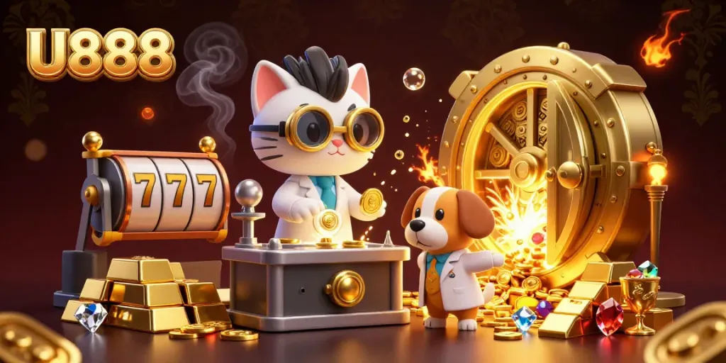 Experience the excitement of U888 with a mad scientist cat and a dog in a vibrant casino lab.