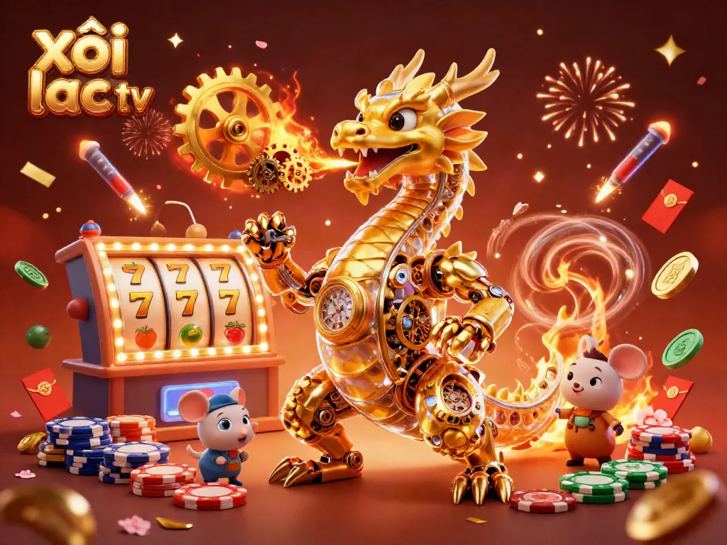 Experience the excitement of xôi lạc tv with a thrilling scene of a golden dragon and slot machines.