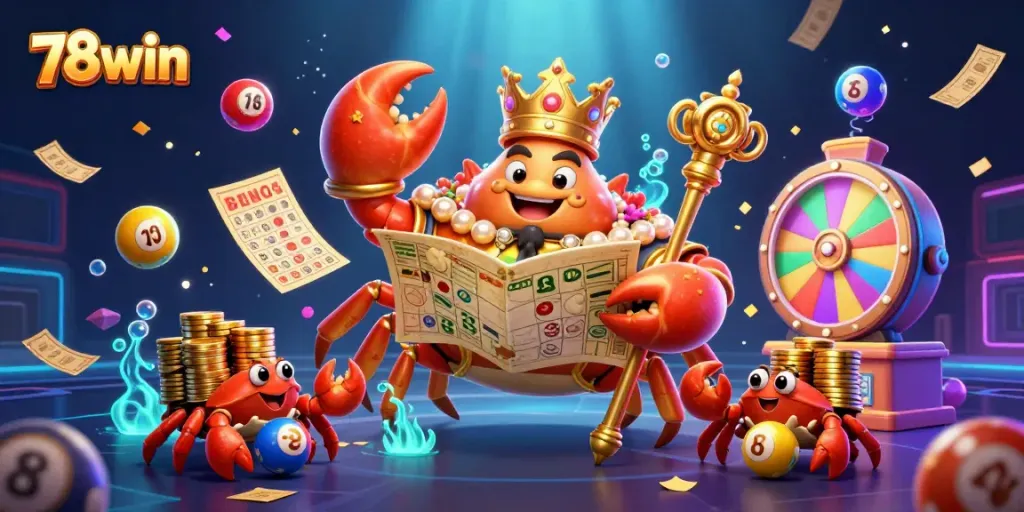 Engage with 78win's vibrant 3D lottery scene featuring a golden crab emperor amidst falling lottery balls and prizes.