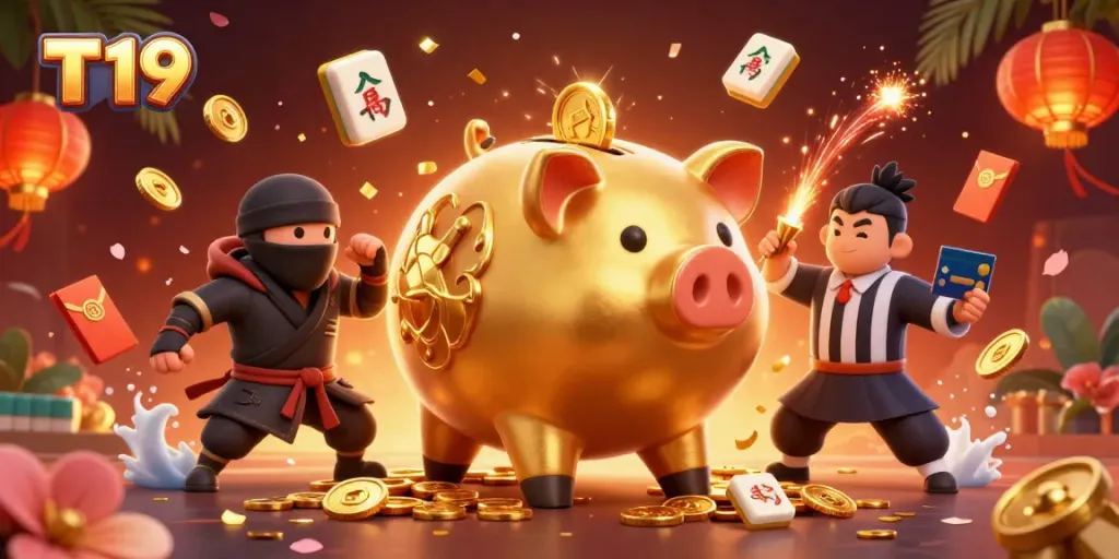 T19 offers exciting gaming adventures with a golden piggy bank sumo wrestler, surrounded by vibrant casino elements and winning symbols.