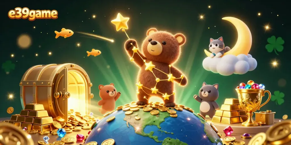 Experience the vibrant e39game universe with a constellation bear scooping coins amidst a dynamic treasure scene.