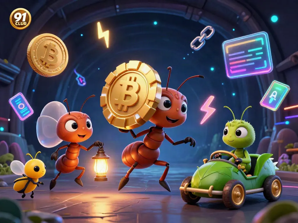 Experience the thrill of 91 CLUB with cartoon ants undertaking a heist for a massive poker chip, surrounded by crypto elements.
