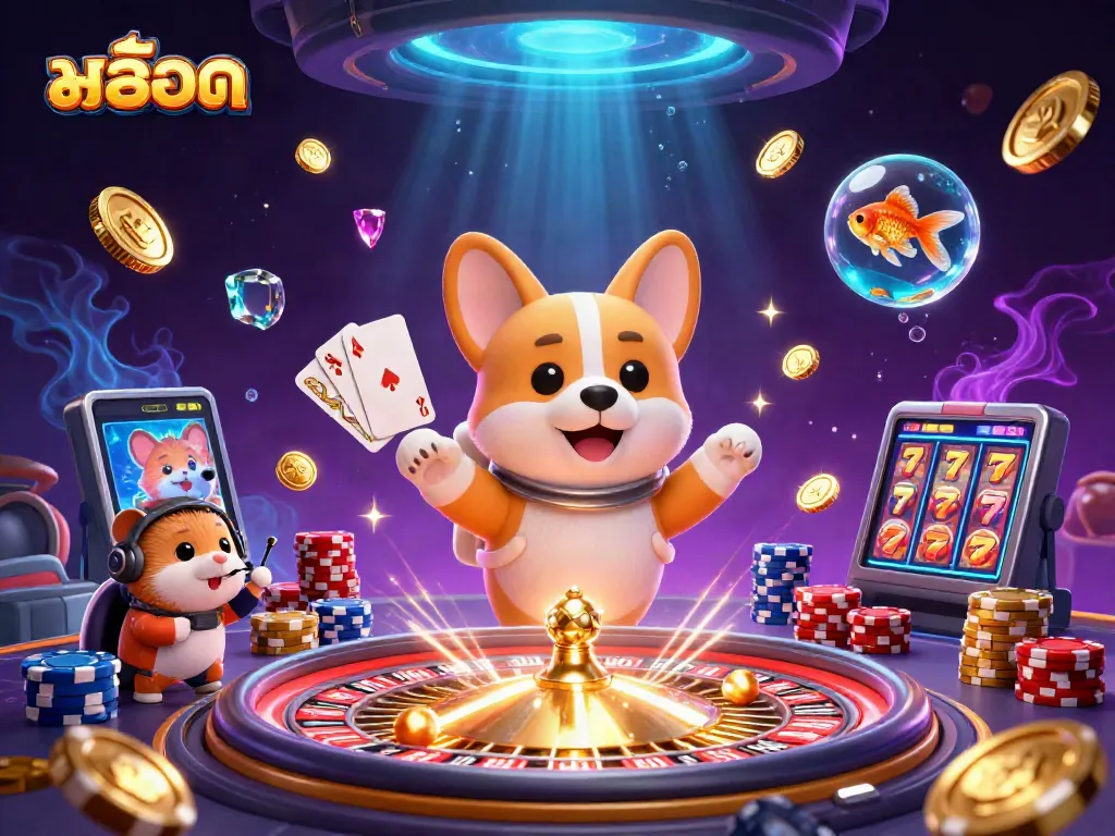 Spin to win with สล็อต decorations in a cosmic casino adventure featuring a playful corgi.
