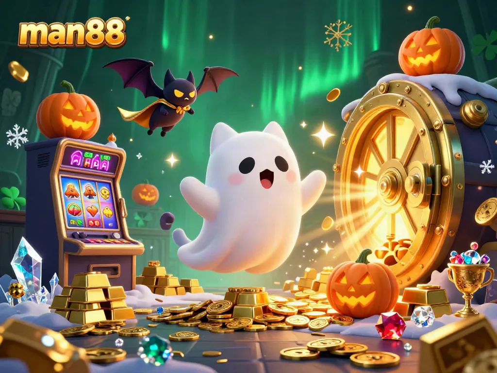 Play exciting casino games at man88 featuring a friendly ghost cat and vibrant gambling elements.