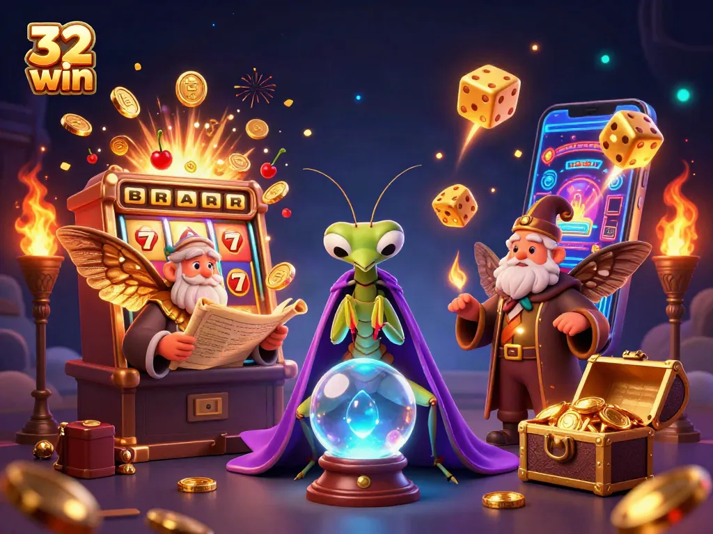 Engage with 32 win's exciting online gaming experience through a vibrant casino illustration showcasing a fortune teller and librarian.