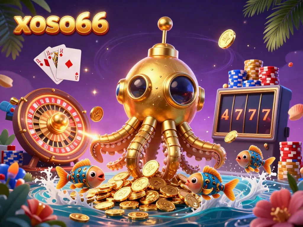 Experience thrilling wins with xoso66 in this animated casino-style illustration, featuring a golden kraken amidst swirling coins.