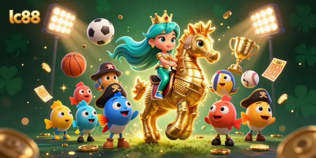 Engage with lc88 gaming visuals featuring a mermaid princess, gold coins, and vibrant sports action.