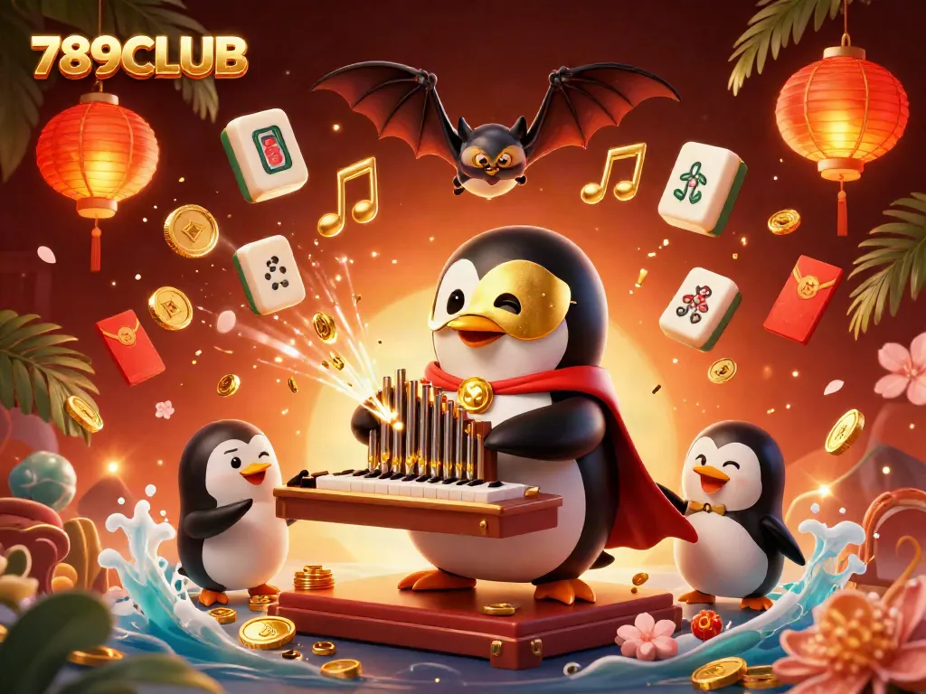 Experience the thrill of 789CLUB with a vibrant casino illustration featuring a penguin and bat acrobat.