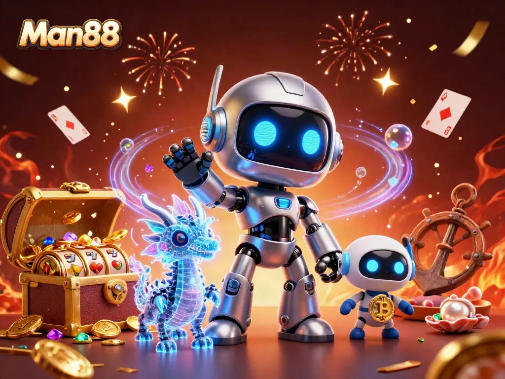 Win big with Man88 in a vibrant casino scene featuring a futuristic robot, AI dragon, and bitcoin drone.