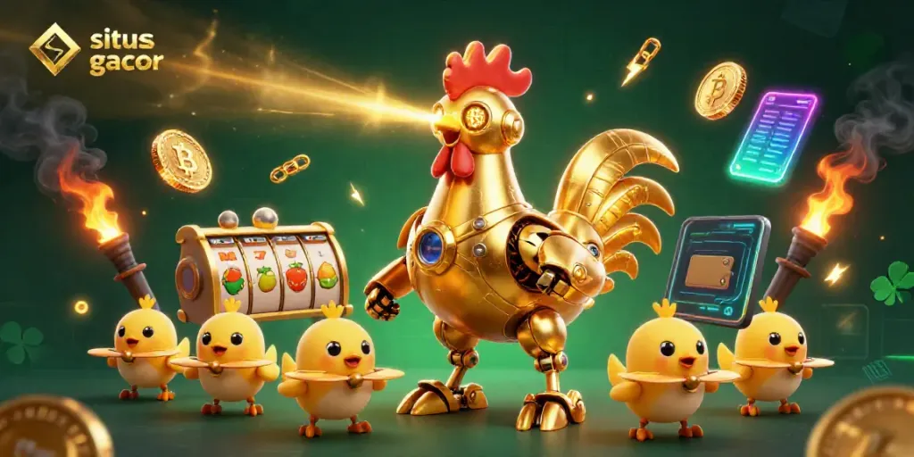Engage with situs slot gacor through a vibrant 3D casino scene showcasing a golden rooster robot and slot game elements.