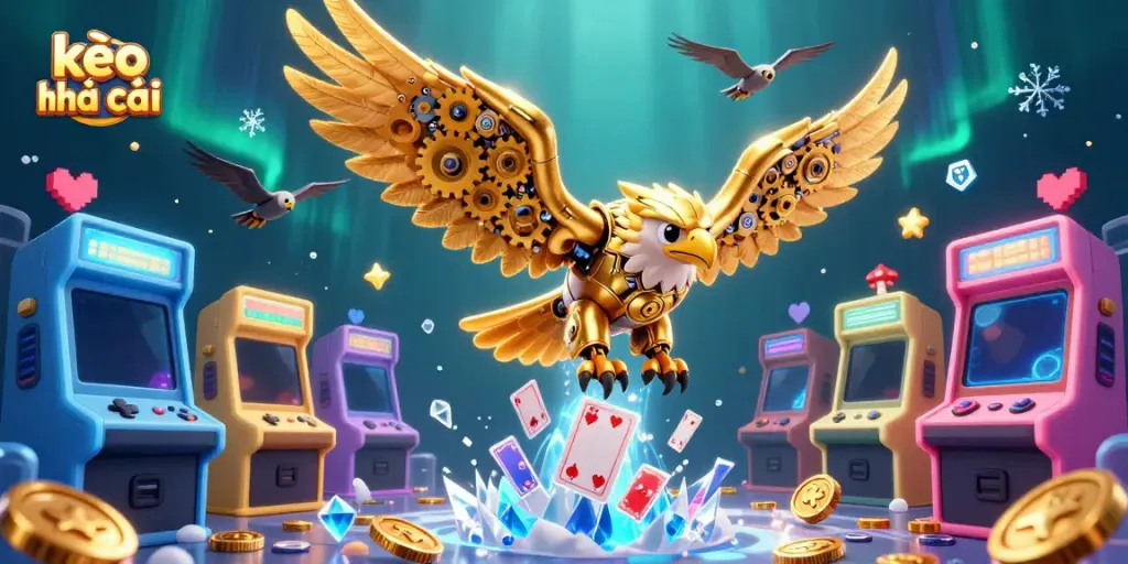 Engage with kèo nhà cái illustrated by a golden eagle soaring through holographic cards, embodying vibrant casino excitement.