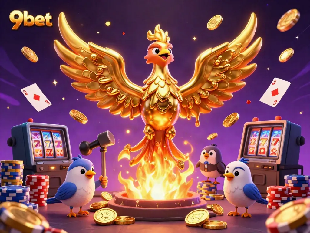 Experience exhilarating wins with 9bet's vibrant 3D casino scene featuring a golden phoenix and dynamic game elements.
