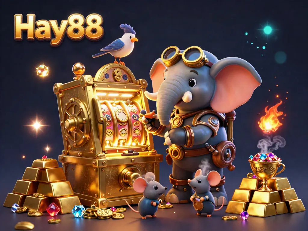Experience the excitement at Hay88, featuring a steampunk elephant, golden slot machines, and sparkling jewels.