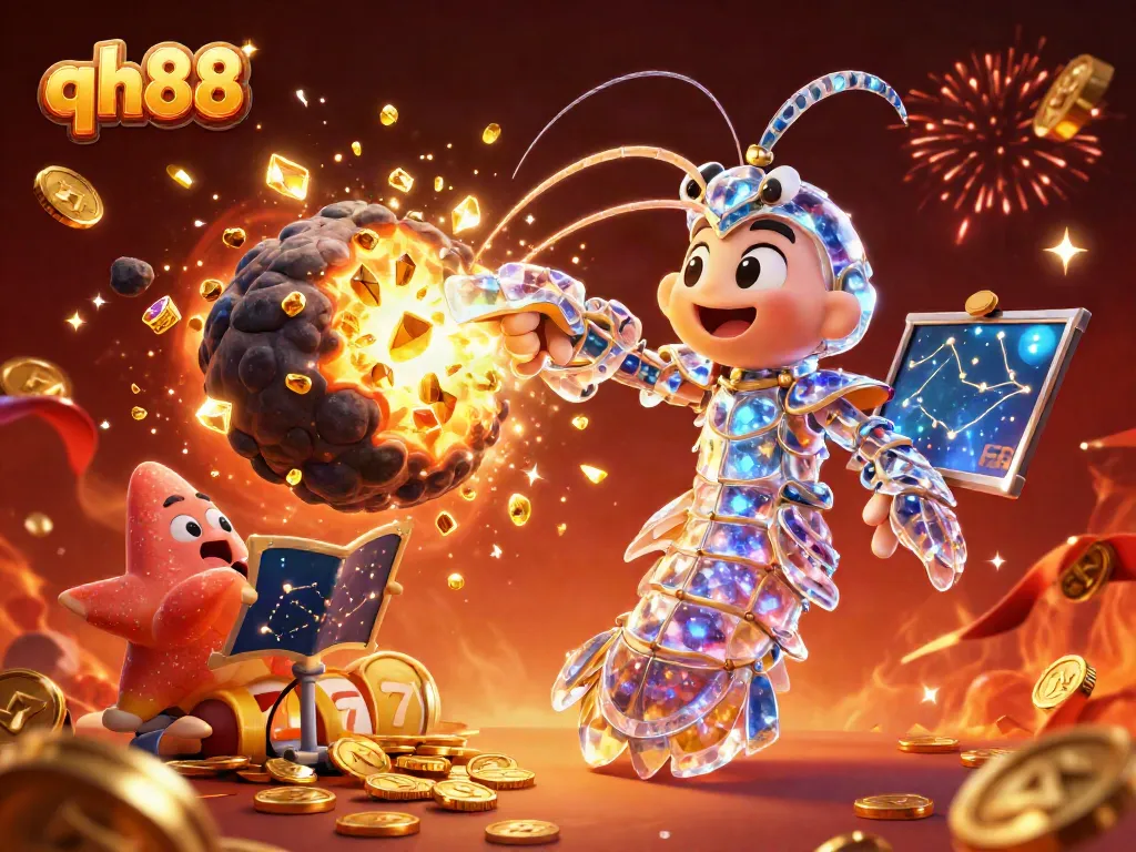 Engage with the excitement of qh88, depicted through a colorful explosion of slot game elements and characters.