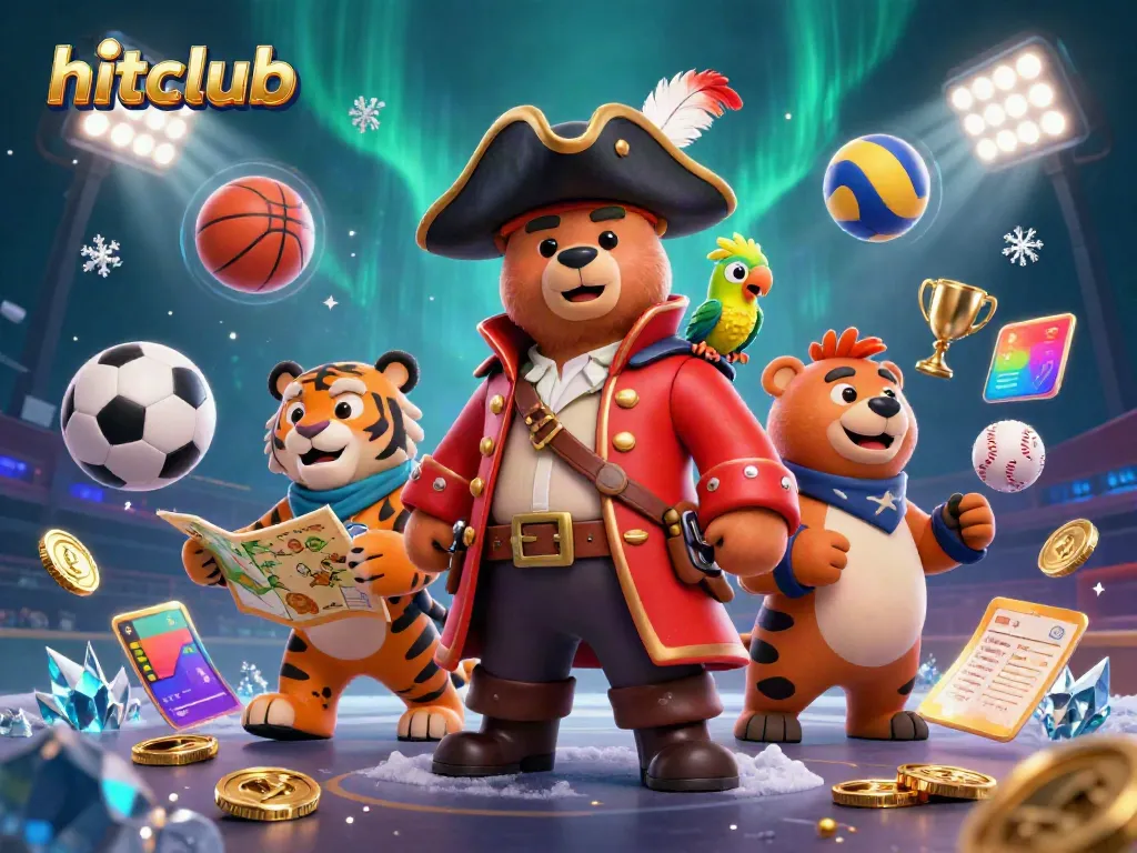 Experience thrilling play at hitclub with a vibrant scene featuring a pirate bear, tiger, and sports elements.