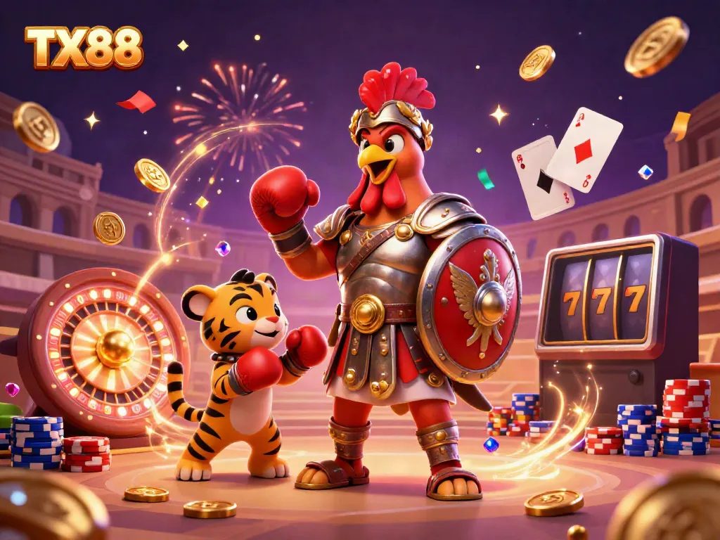 Win big with TX88: A lively casino scene featuring a gladiator rooster, tiger cub, and eagle surrounded by gold coins and poker chips.