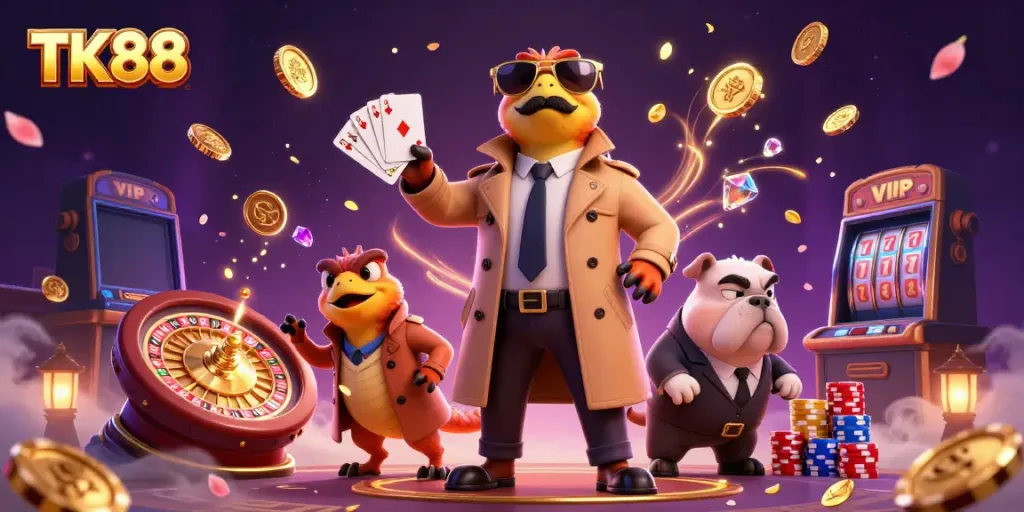 Experience big wins at TK88 with raptors sneaking into a VIP casino, surrounded by glimmering riches.