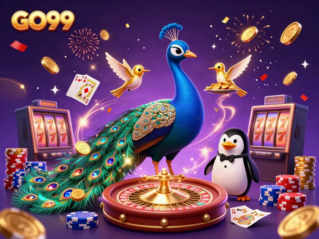 Engage with GO99 in an exciting casino world filled with peacocks, chips, and vibrant gems.