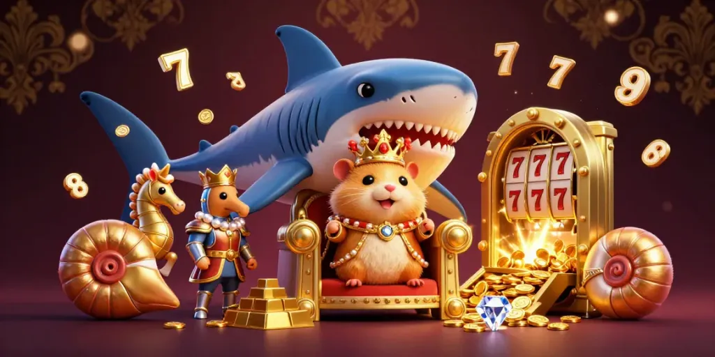 Experience the excitement of nhà cái jun88 with a dynamic illustration of a hamster king surrounded by coins and treasures.