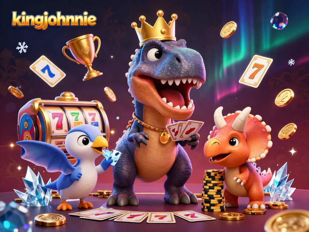 Experience the excitement at kingjohnnie's mobile casino with a lively scene of animated characters and gaming elements.
