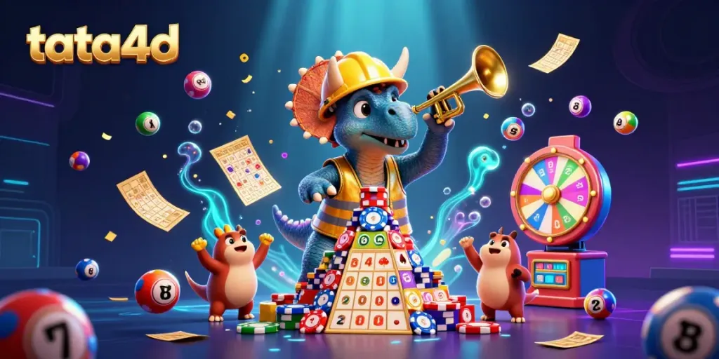 Join the fun at TATA4D as the triceratops builds a poker chip pyramid amidst colorful gaming elements!