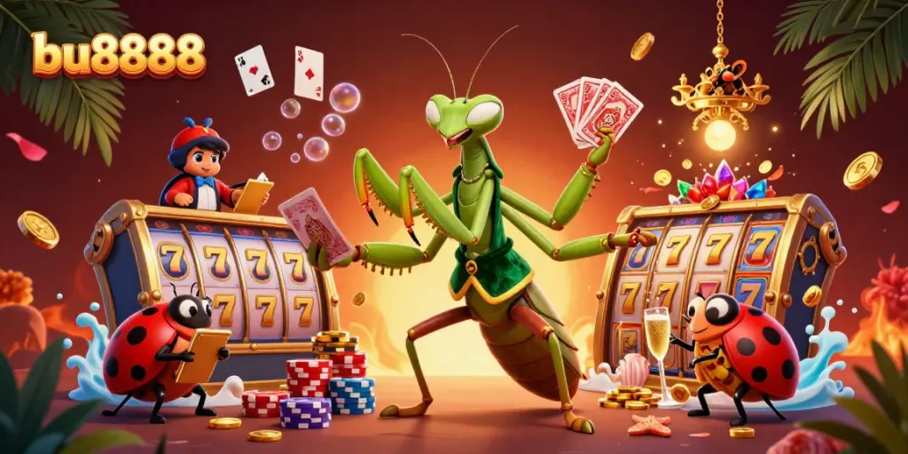 Engage with thrilling slots at bu8888 featuring a vibrant casino scene with energetic characters.
