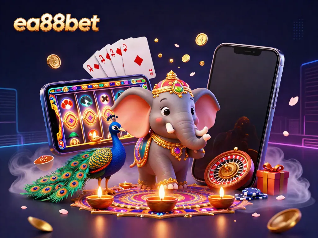 Spin slot games excitingly with ea88bet in a vibrant 3D illustration featuring an elephant and peacock.