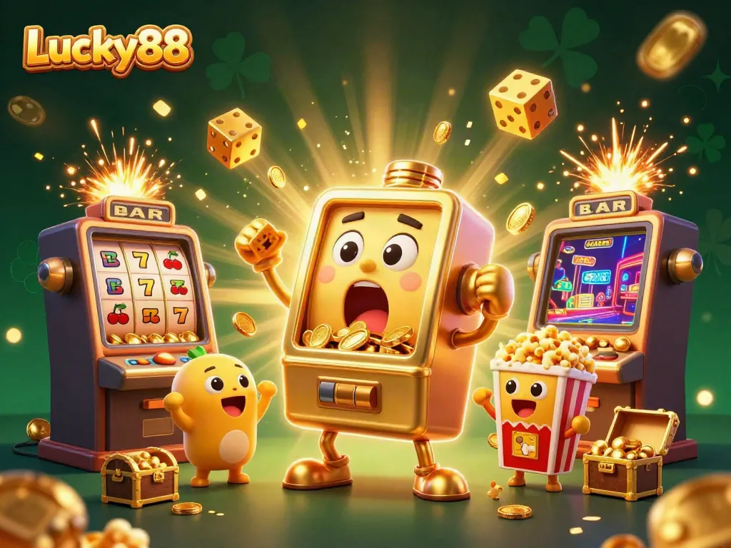 Experience Lucky88’s thrilling jackpot with a golden slot machine celebrating a huge win surrounded by festive game elements.