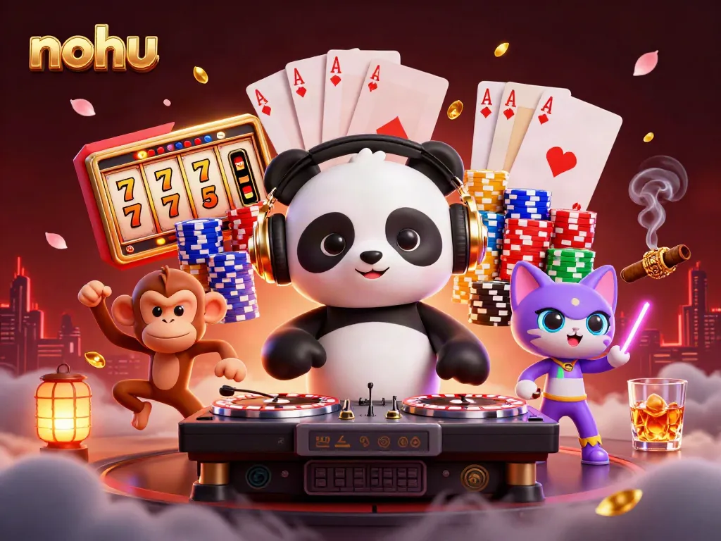 Experience nohu gaming with a DJ panda, breakdancing monkey, and rave kitten amidst vibrant slot reels and jackpots.