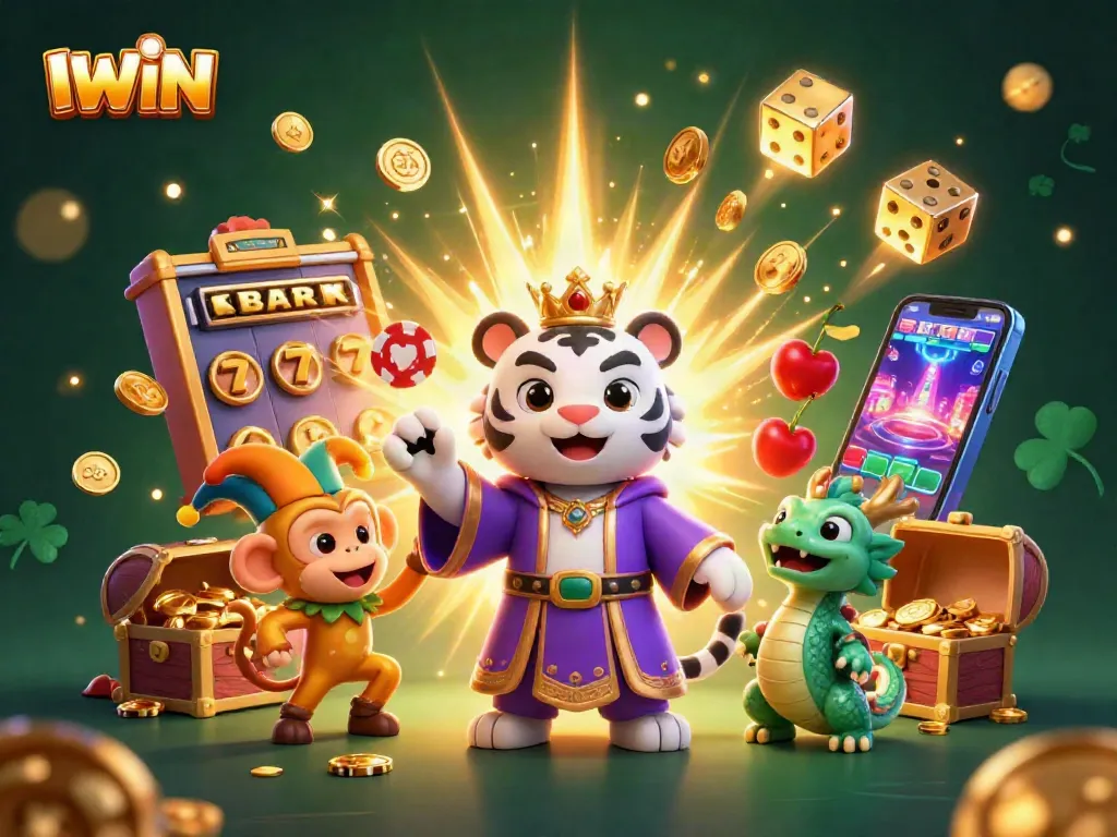 IWIN captivates players with rich gambling scenes featuring a magical tiger, monkey, and dragon amidst colorful betting elements.