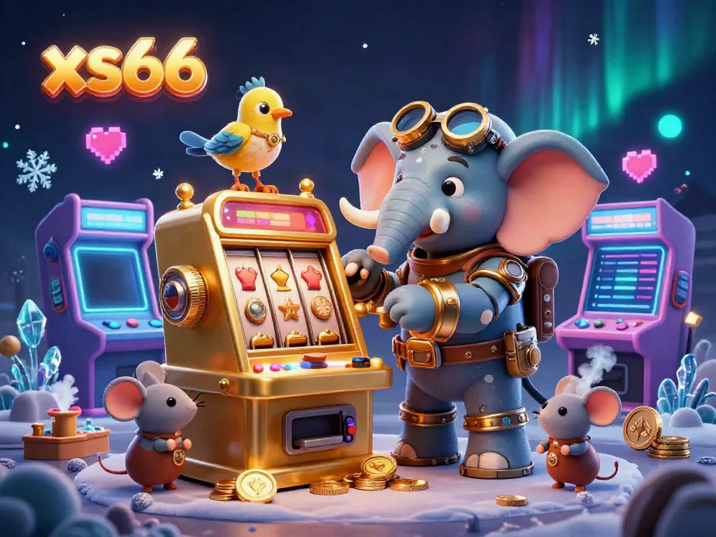 Experience the excitement of slots with xs66 as a steampunk elephant operates a golden slot machine.