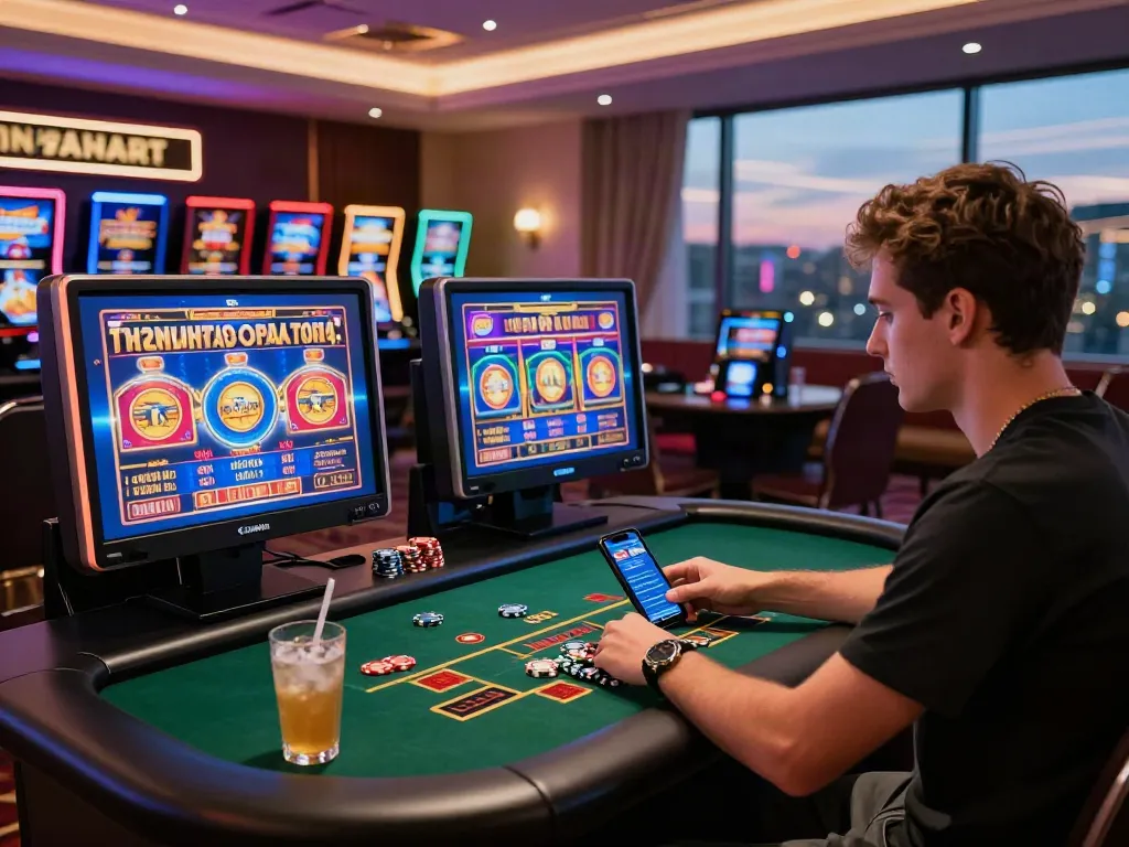 Player immersed in online gambling experience with pecah 404 bet displayed on screens.