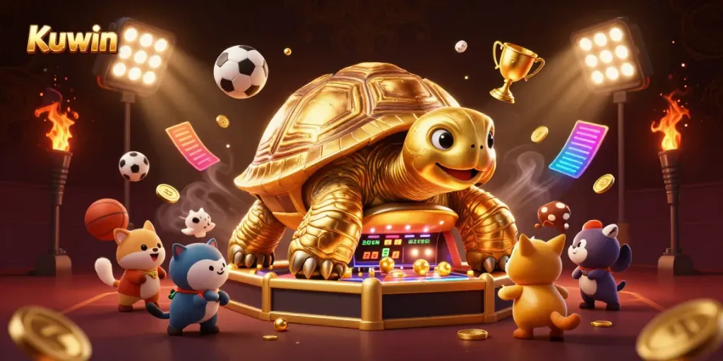 Kuwin showcases a vibrant casino-themed scene with a golden tortoise pinball machine and eager animals enjoying games.