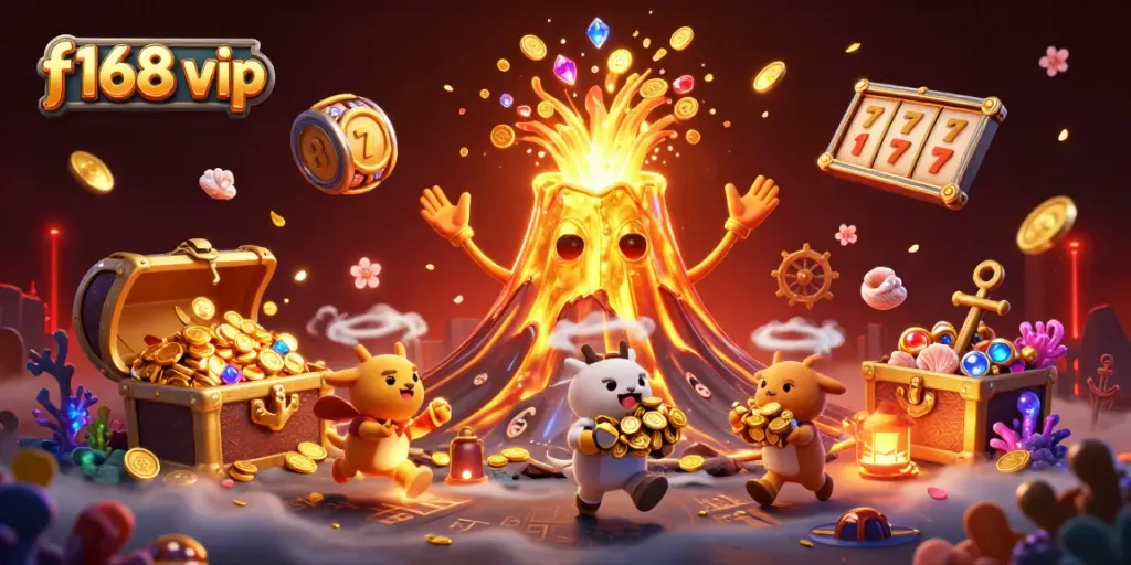 Engage with f168 vip slots in an explosive treasure scene filled with gold coins and jewels.