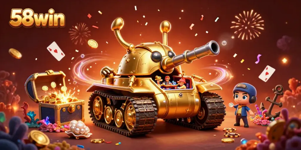 Experience thrilling games with 58win's dynamic casino setup inside a golden beetle tank.