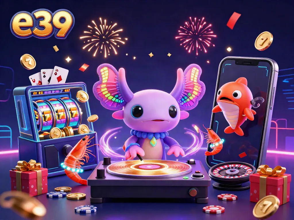 Engage with e39's vibrant casino scene featuring axolotl DJ and shrimp dancers surrounded by gaming elements.
