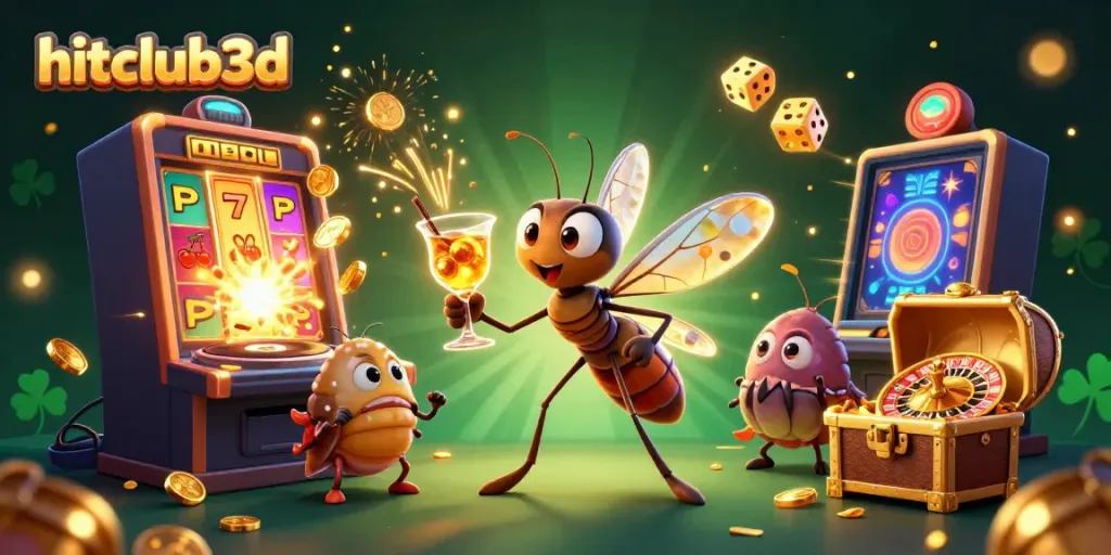 Join the excitement at hitclub3d with a dazzling casino scene featuring a frozen mosquito mascot and thrilling game elements.