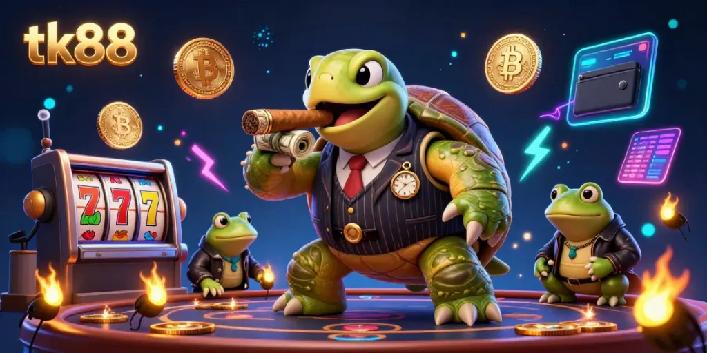 Engage with tk88's immersive casino scene featuring a villainous snapping turtle, slot elements, and crypto icons.