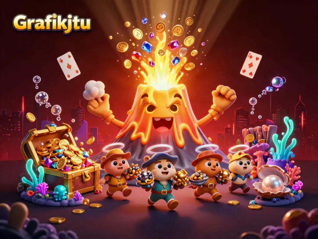 Engage with Grafikjitu's golden volcano treasure scene showcasing thrilling gaming action and vibrant details.
