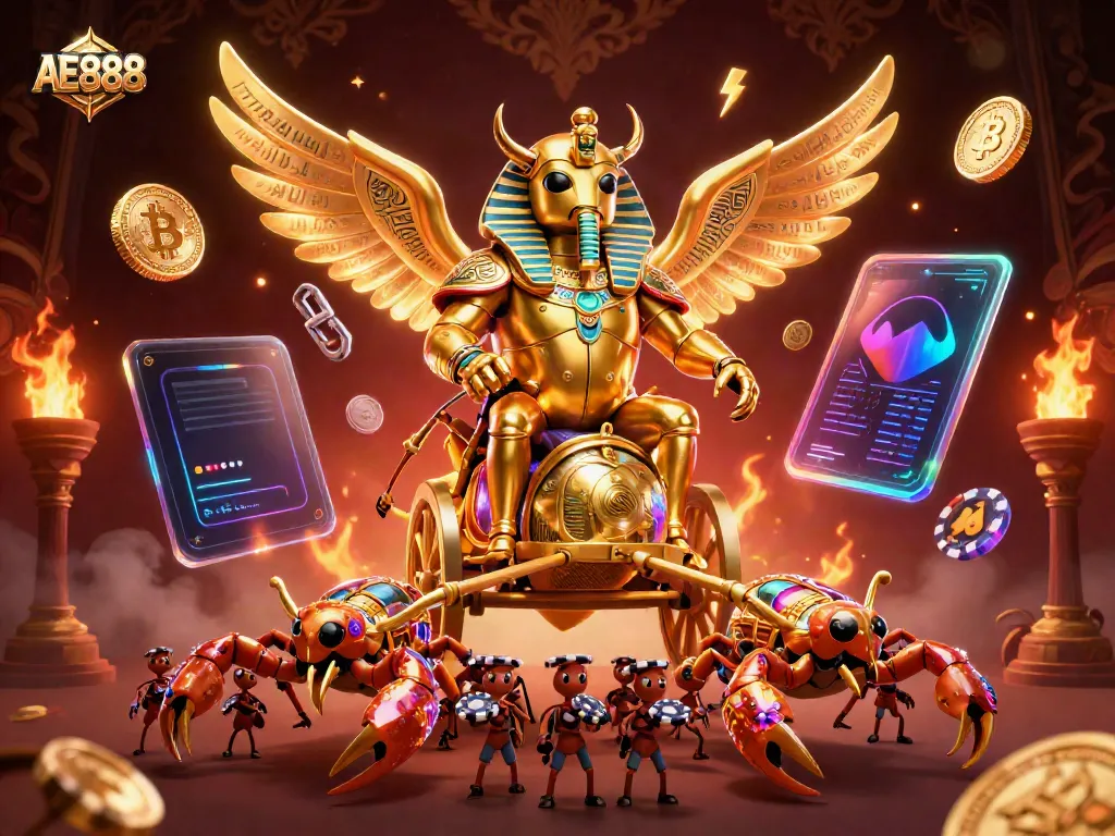 Engage with AE888 as golden scorpions and a chariot illuminate the casino gaming world.