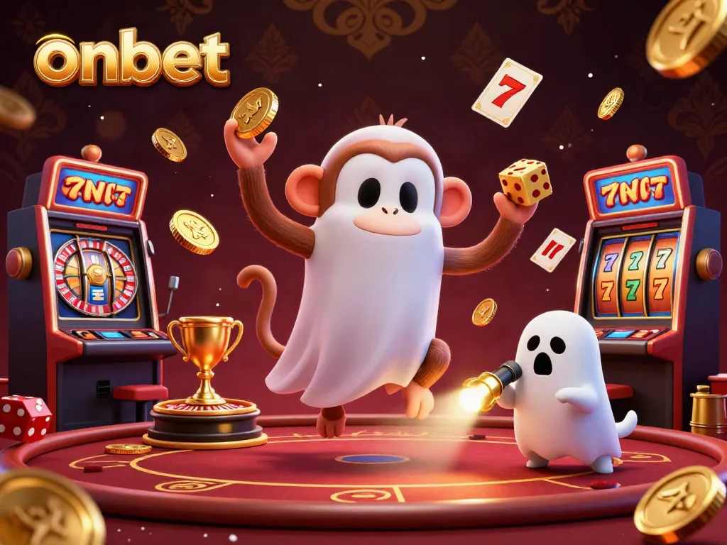 Engage with onbet's vibrant casino scene featuring a playful monkey and ghost-hunter puppy amidst dynamic gaming elements.