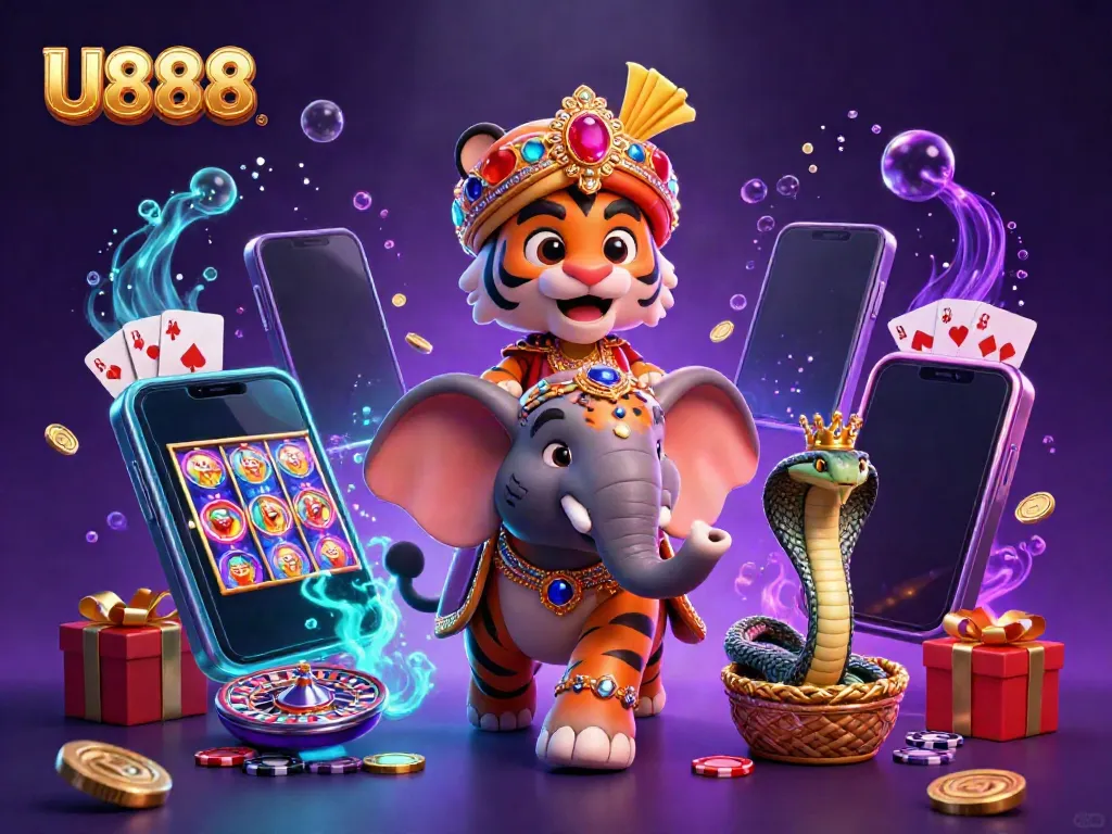 Experience U888's vibrant gaming adventure with a maharaja tiger, jewel elephant, and thrilling games.
